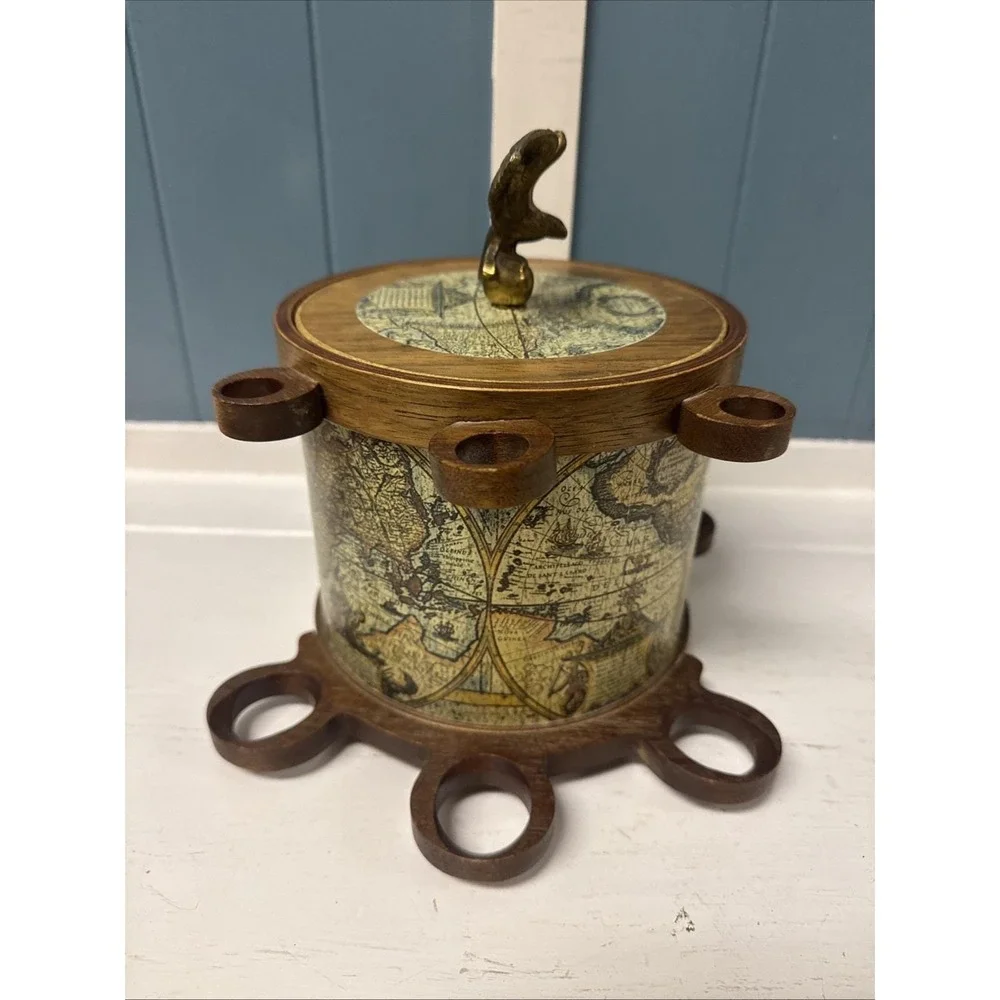 Vtg Ice Bucket  MCM Old World Map Globe Style W/ Brass Eagle Mid Century‎ Modern